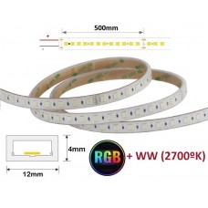 Tira LED 230V RGB+2700K 11W/mt 72L/mt. SMD 5050 IP67 12x4mm corte cada 500mm, Venta por metros, desde 17,20€/m